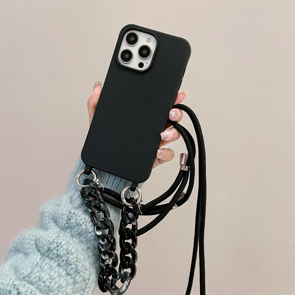 Luxury Crossbody Lanyard Rope Strap Phone Case with Acrylic Chain and Silicone Soft Cover