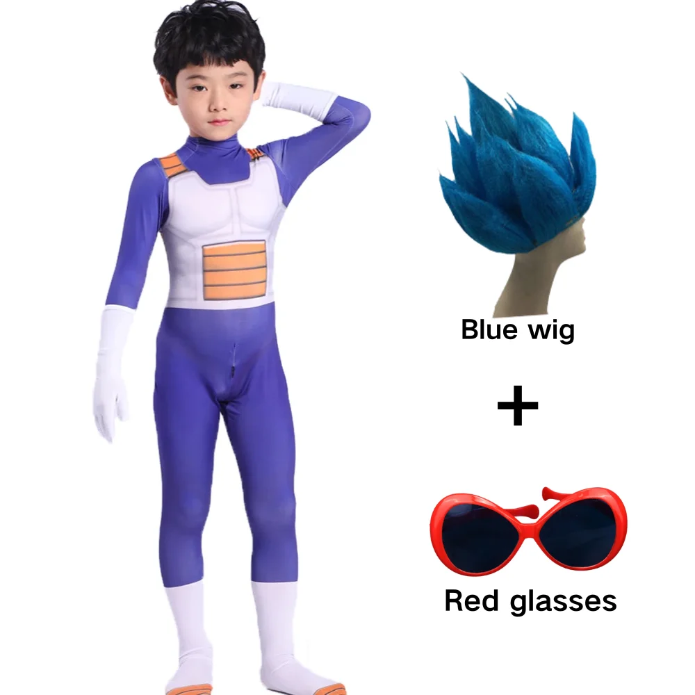 Anime children's Vegeta role-playing costume set, adult jumpsuit with three color wig and big eyes costume cosplay jumpsuit kids pajama costume