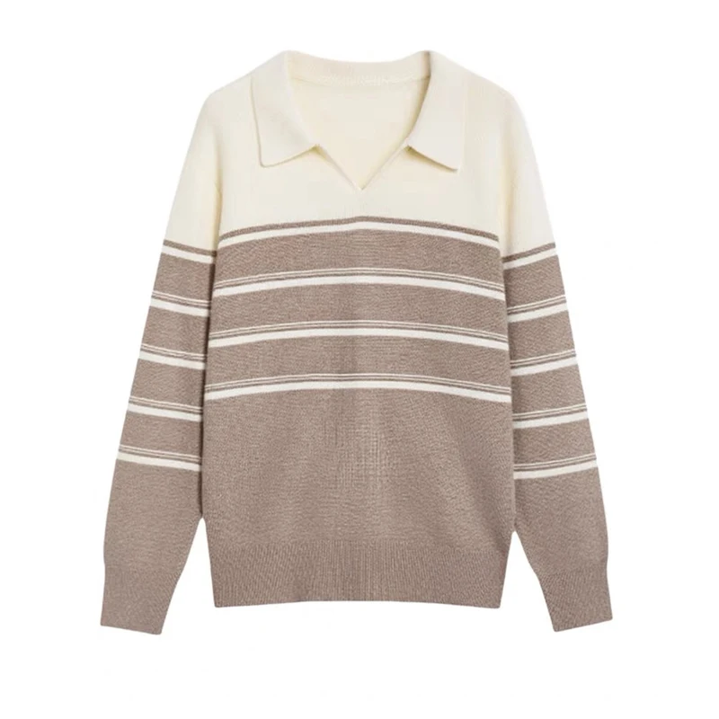 Autumn and Winter New Women's Crew Neck Striped Contrasting Color Long-sleeved Sweater Turn Down Collar Casual Knitwear Top