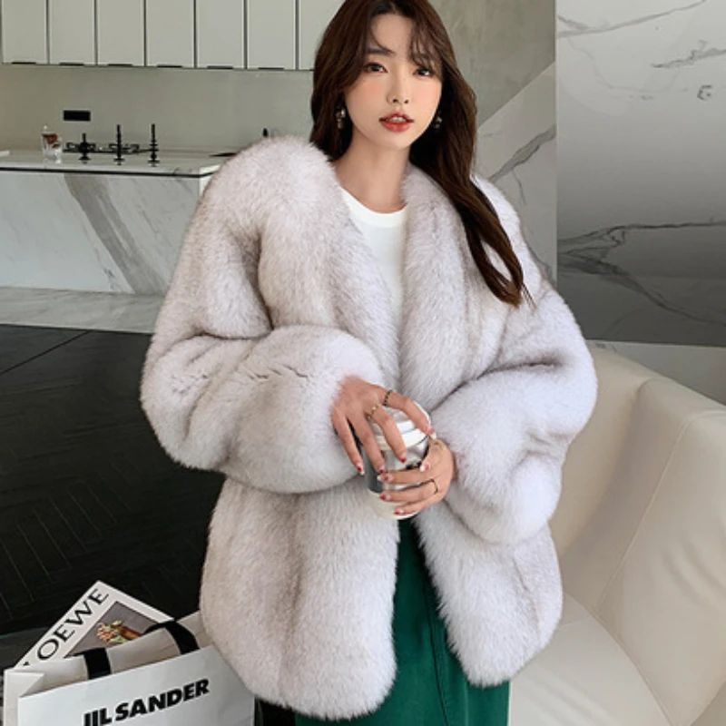 Faux Fox Fur Coat Women Mid Length Version V-neck Loose Outwear 2023 Winter New Thicken Warm Casual Jacket Fashion All-match Top