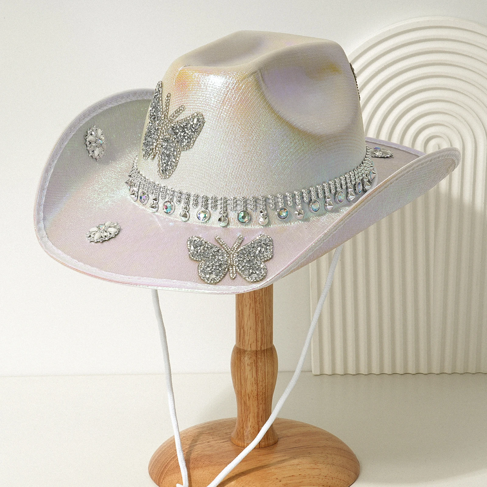 Rhinestone Butterfly Cowgirl Hat for Women Wide Brim Diamond Glitter Western Hat Cap for Wedding Music Costume Party