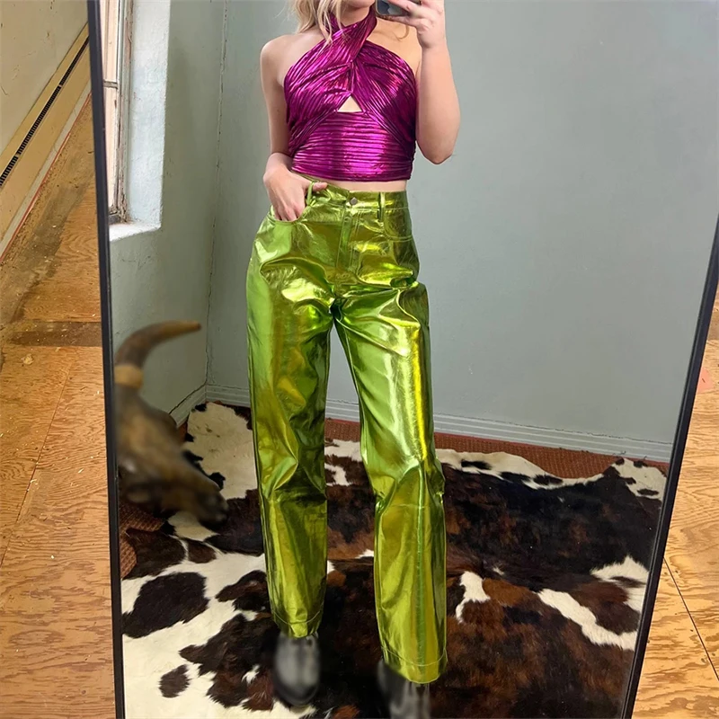 Women Fashion Metallic Shiny PU Leather Pants High Waist Casual Trousers Streetwear Straight Leg Pants Y2K Clubwear Bottom