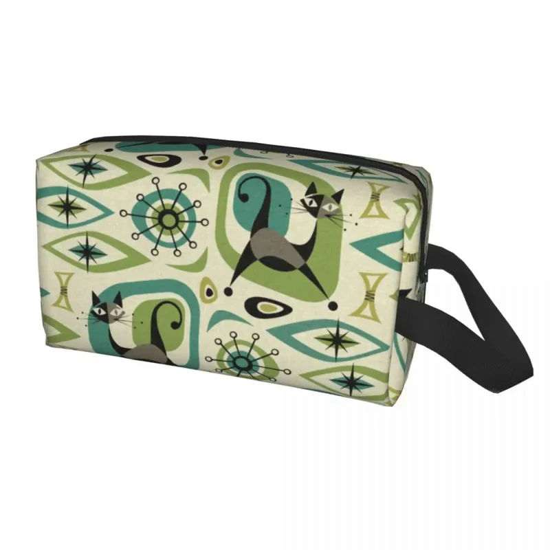 

Travel Mid Century Cat Abstract Toiletry Bag Cute Lime and Teal Cosmetic Makeup Organizer for Women Beauty Storage Dopp Kit Case