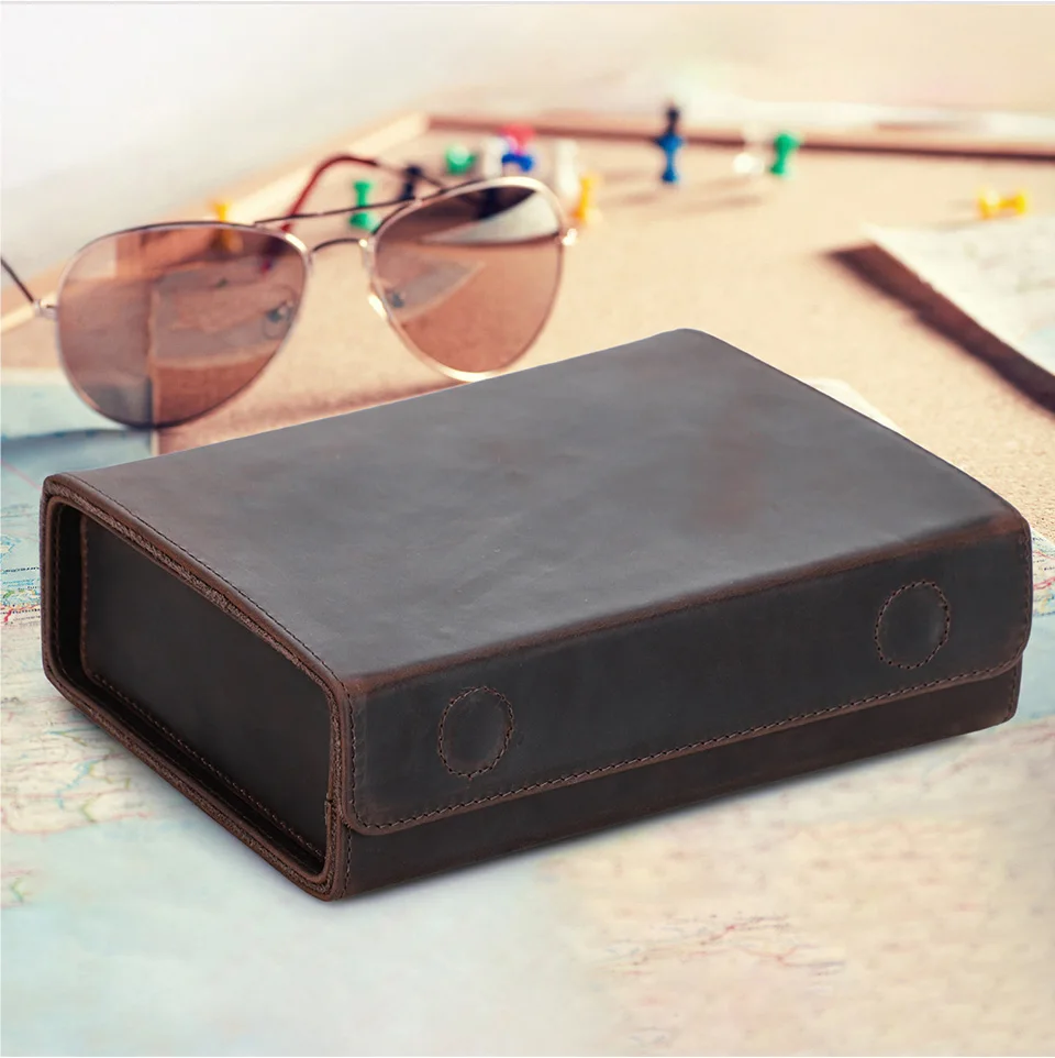 Echt leder 3 Slots Sonnenbrille Fall Frauen Männer Brillen Organizer Box Vintage Brillen Schutzbrille Box – Detail 2