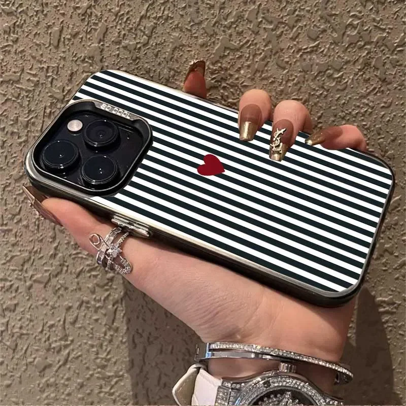 Minimalist Pink Striped Red Heart Matte Hard Phone Case