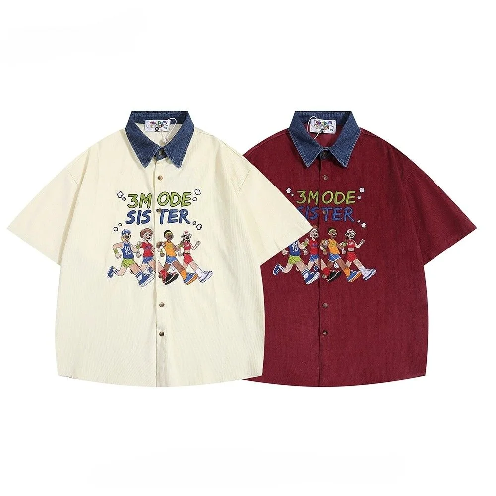 Men Women American Retro Athlete Embroidery Spliced Denim Collar Short-sleeved Shirts Trendy Summer Street Casual Loose Blouse