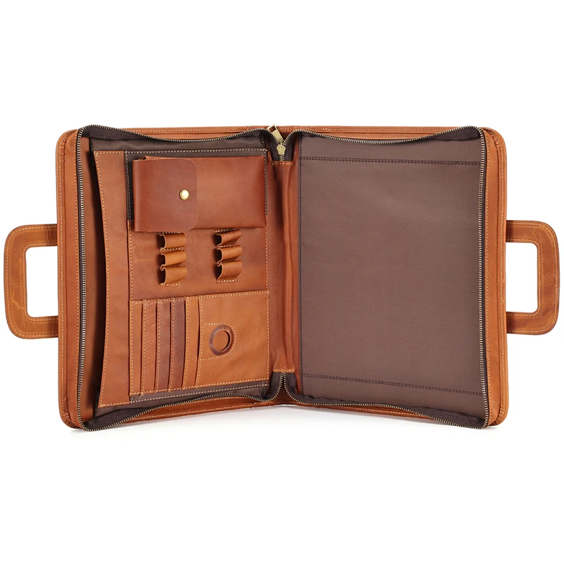 Highend Vintage A4 Brown Top Grain Crazy Horse Genuine Leather Executive Office Women Men Briefcase Handbag Portfolio Bag M2215