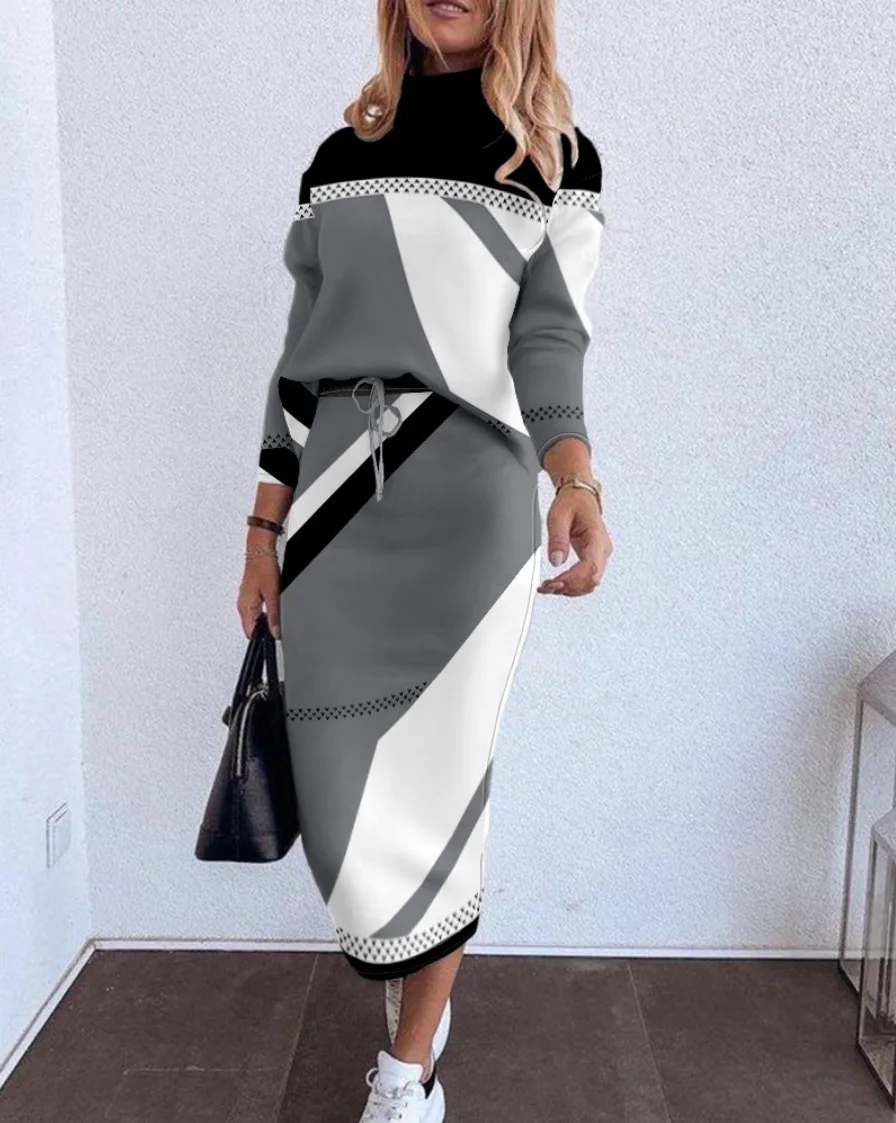

Elegant And Beautiful Women's Clothing With Size, Fashionable Long Sleeved High Necked Mid Length Dress, Two-Piece Dress