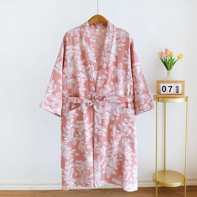 Women's Pure Cotton Gauze Pajamas Thin Jacquard Bathrobes Autumn Long Sleeve Japanese Kimono Robe Loose and Casual Home Wear