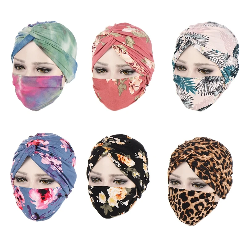 

2 Pcs Trendy Muslim Button Twist Hood+Mask Set Flower Chemo Hat Slouchy Turban Hat Mask Set Warm for Women Dropshipping