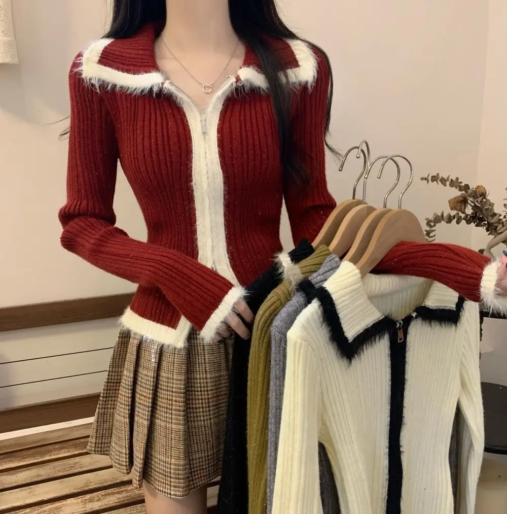 Color Blocking Patchwork Woolen Gestrickte Basis Pullover für Frauen Retro Stil Revers Slim Fit Pullover Jacke Kurze Strickjacke Top – Detail 3