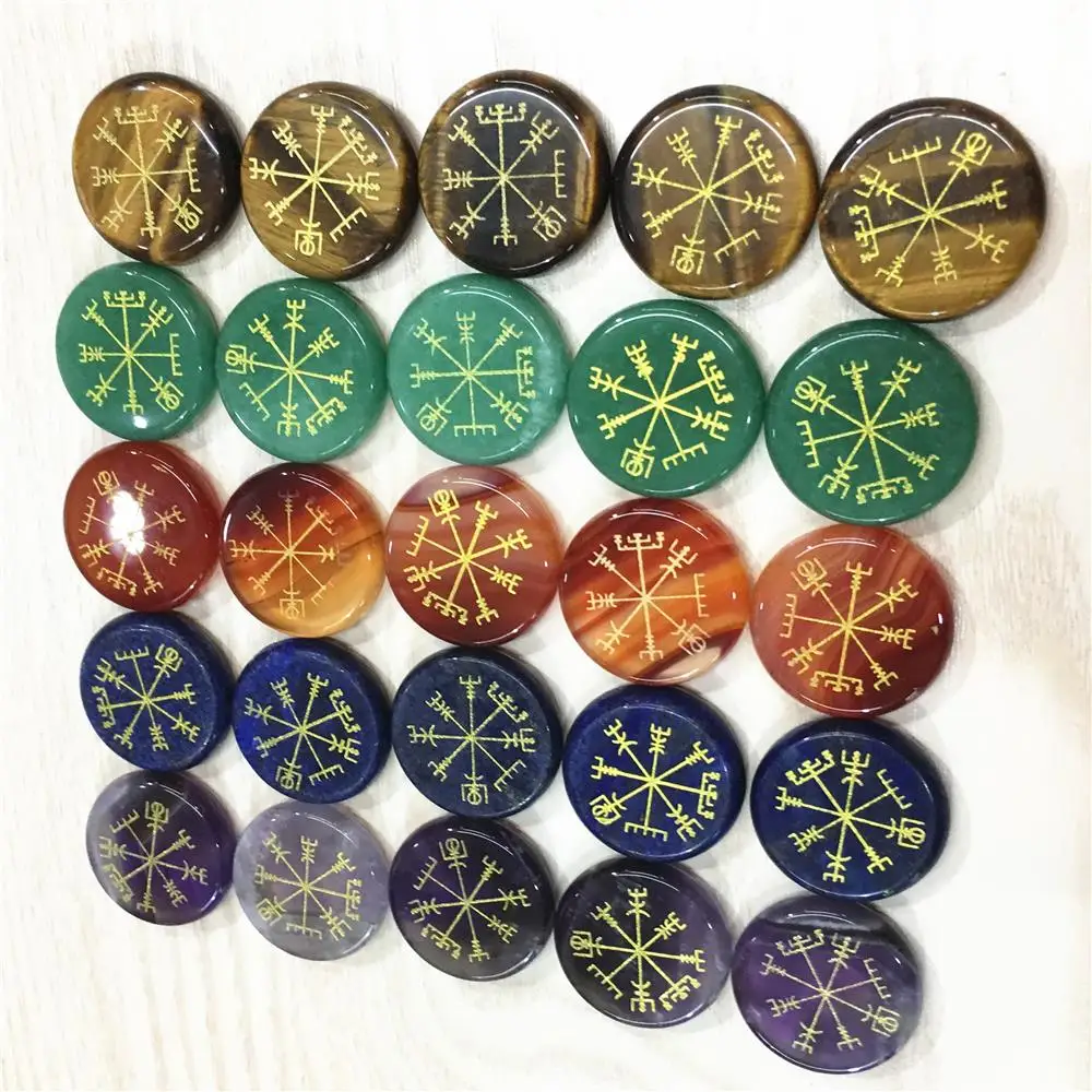 Hot Round Natural Agates Lapis Lazuli Palm Stone Vegvisir Viking Compass Rune Guardian Symbols Reiki Healing Crystals Wholesale