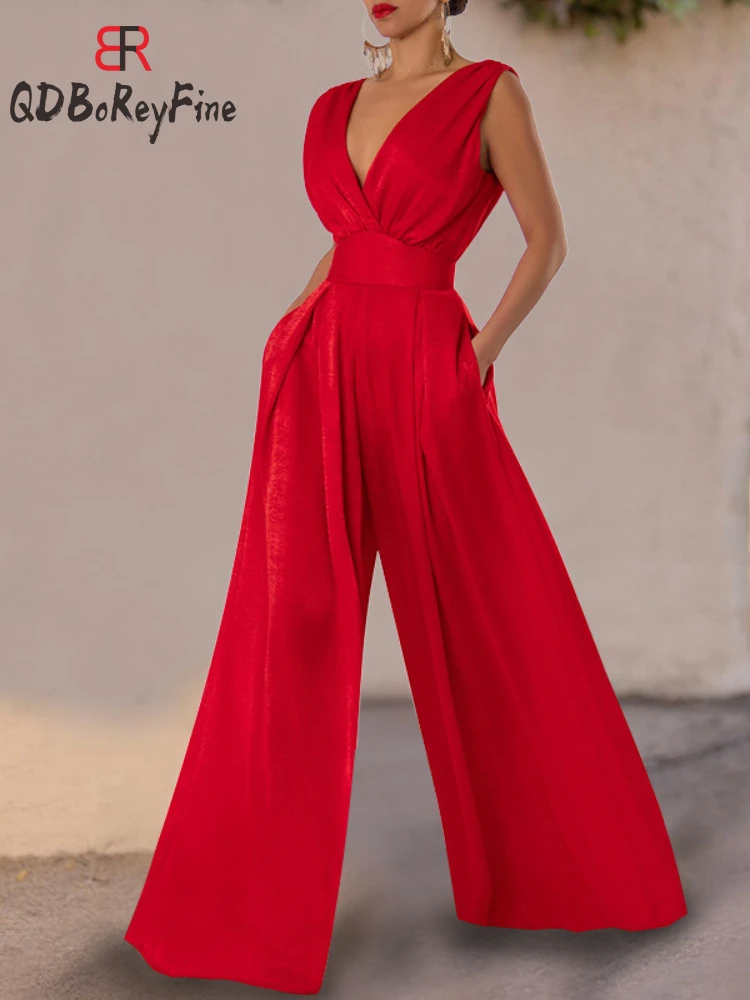 

2024 New in Women Jumpsuits Summer Sexy Backless Deep V-Neck Party Playsuit Casual High Waist Wide Leg Jump Suits for Women