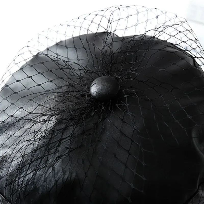 Spring and Summer Black PU Lace Veil Newsboy Caps Fmale Flat Top Black Mesh Letter Multiple Styles Fashion Hats cotton newsboy cap