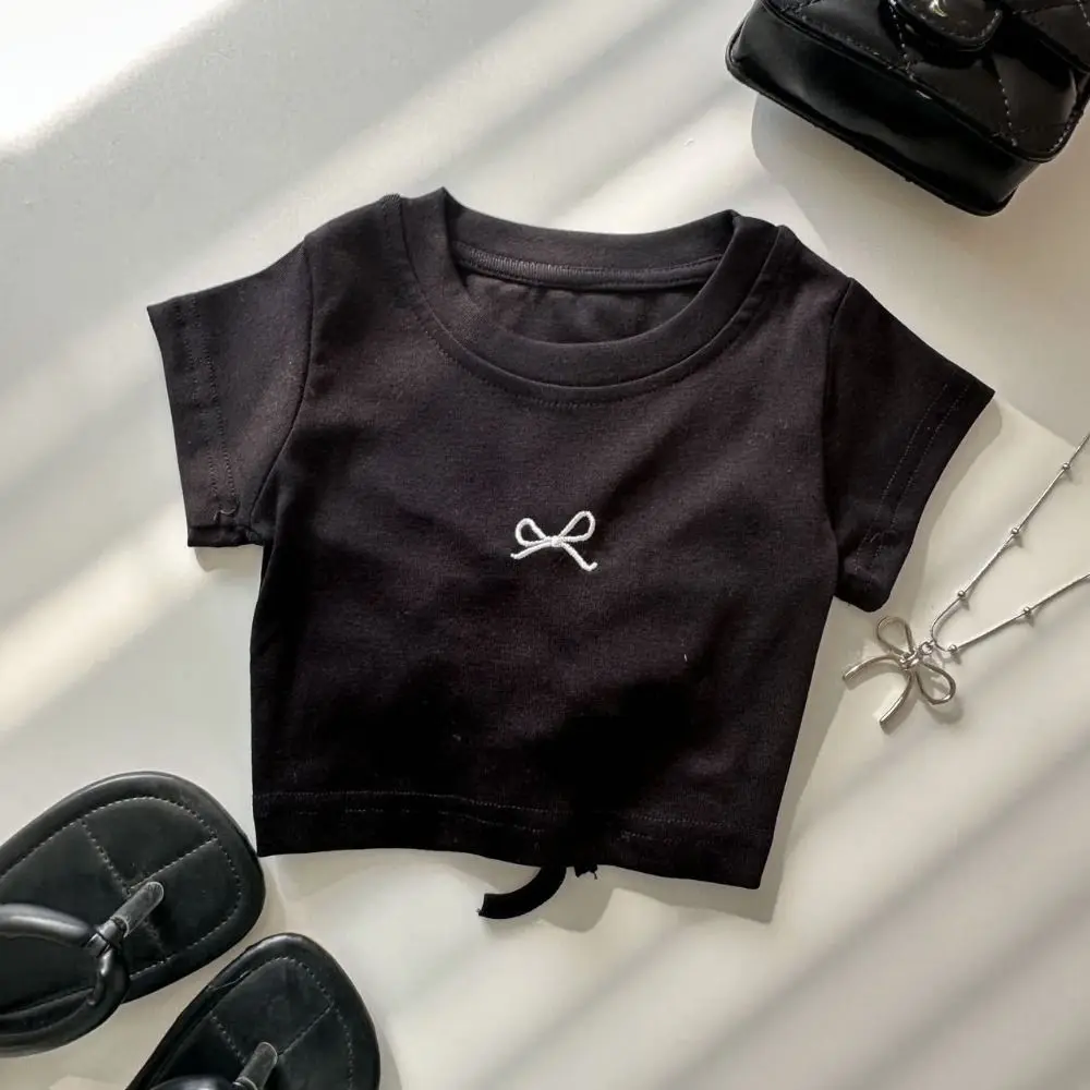 Simple Lace Up Teens Bow T-shirts Korean Style Summer Slim Crop Top Short Sleeve Sweet Girl's Top Party