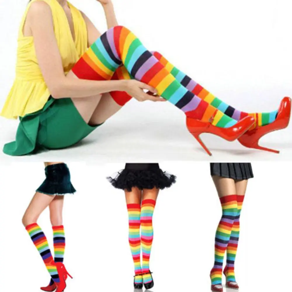 Arrival Socks Over Knee Stocking Polyester Cotton Long Stockings High Tights Rainbow Colorful Stockings Women Stripey Stockings