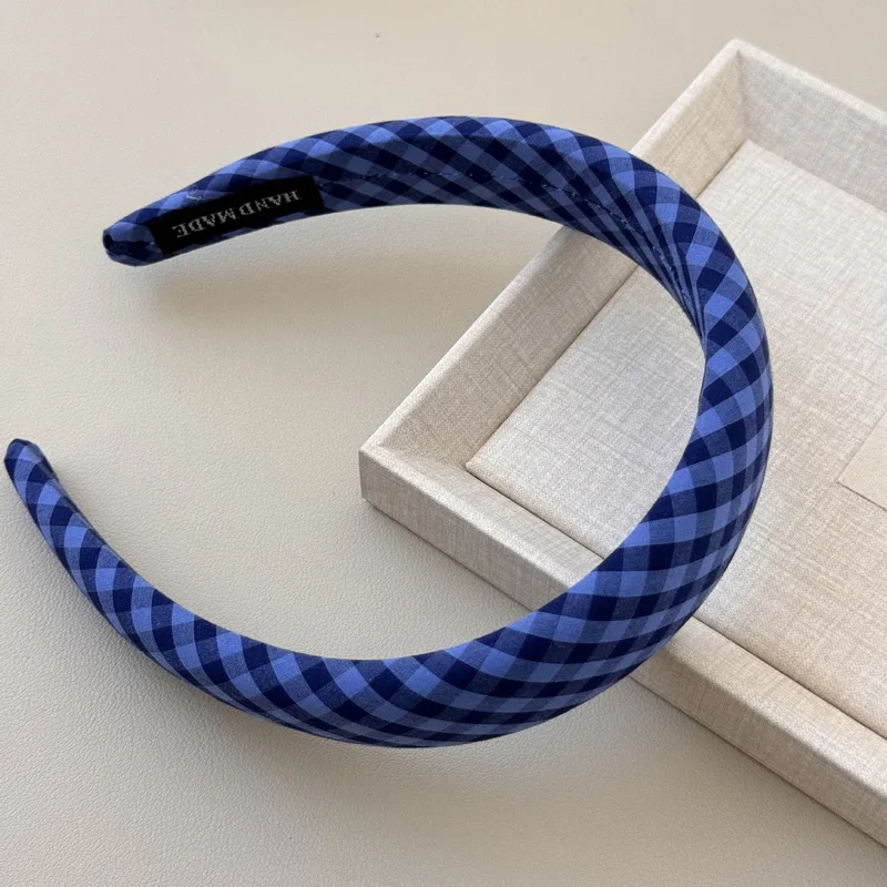 Korea Blau Kariertes Stirnband Für Frauen Blau Romantische stirnbänder Mädchen Breite luxus Stirnband Plaid Schwamm haarbänder Kopfschmuck – Detail 8