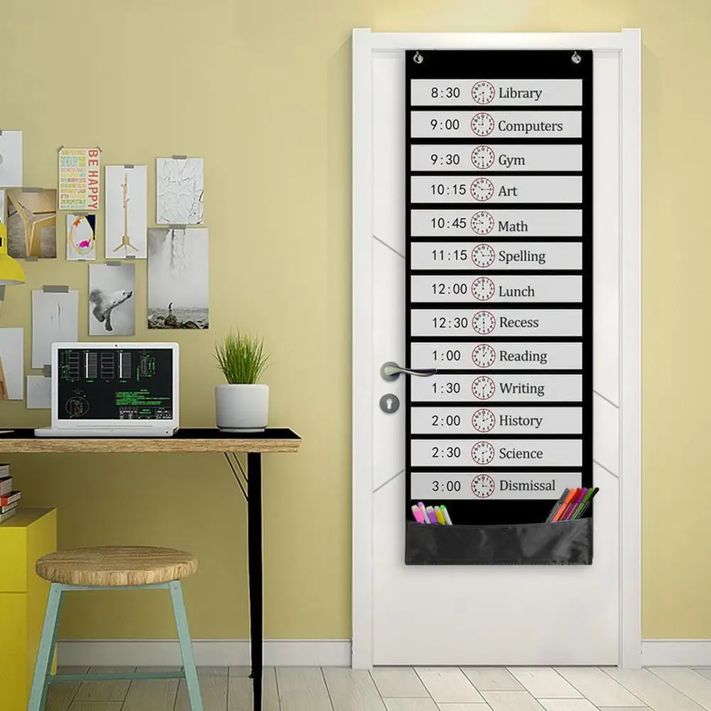Daily Schedule Pocket Chart with 14 Clear Pockets 13 Reusable Cards Classroom Kids Student Time Scheduling Hanging Pocket Bag