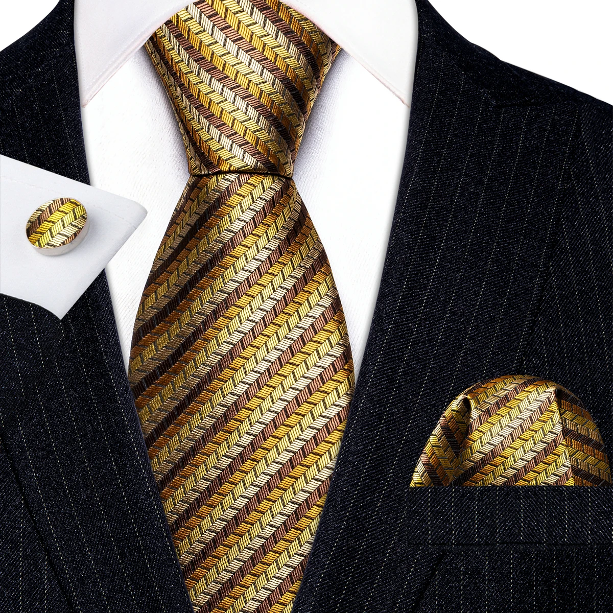 

Designer Mens Ties Gold Striped Silk Neck Tie Pocket Square Cufflinks Set Wedding Business Gift Barry·Wang Clip Brooches 6083