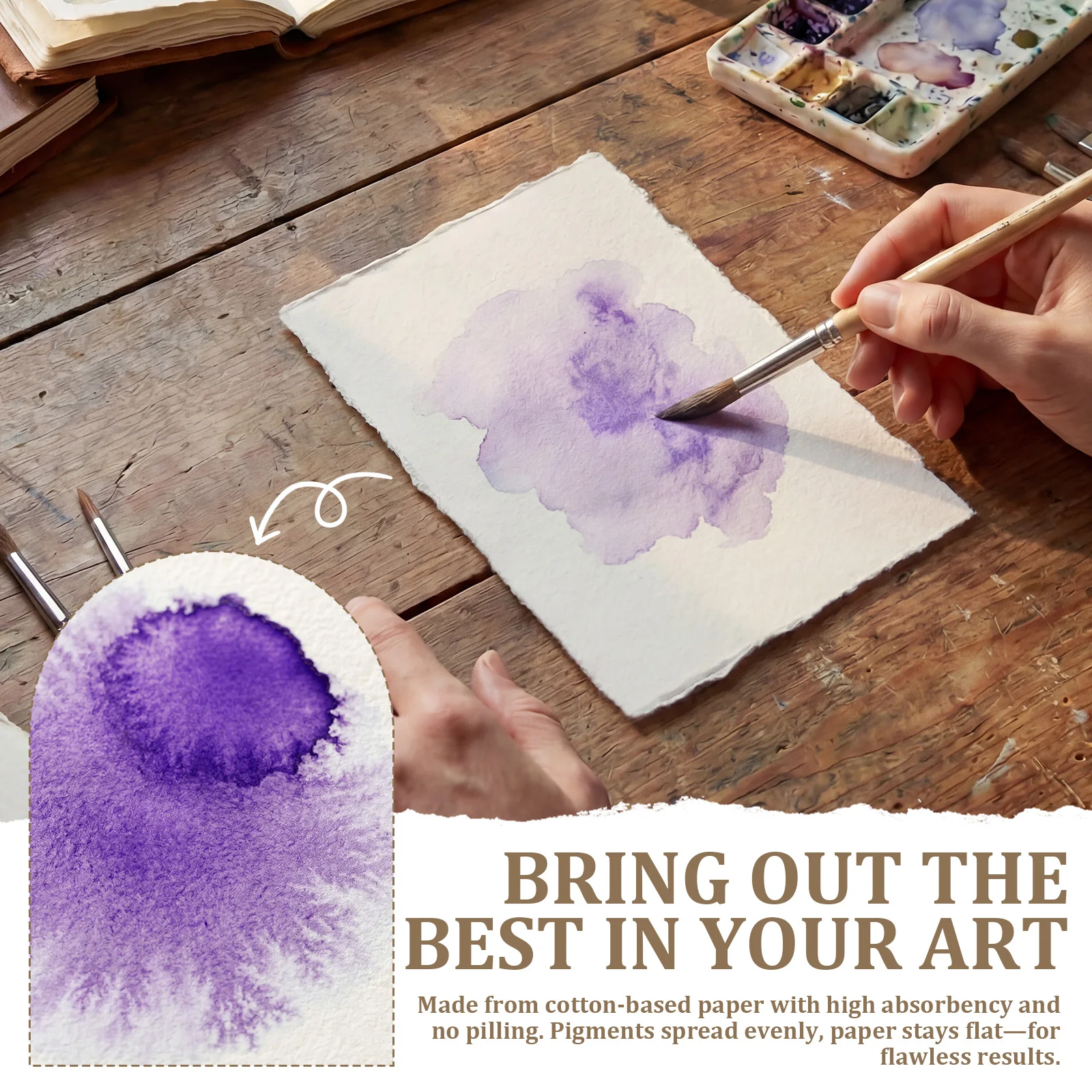 50매 수채화 용지 300gsm 수제 데클 엣지 두꺼운 질감 용지 4 x 6인치/6 x 8인치 수채화용 수제 용지