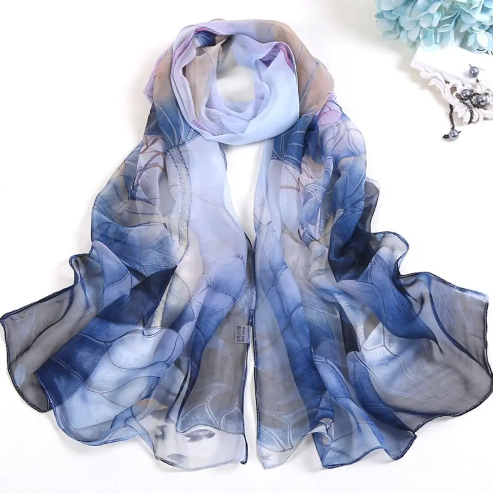 Fashion Floral Printing Silk Scarf Lotus Leaf Breathable Women Foulard Smooth Sunscreen Hijab Women