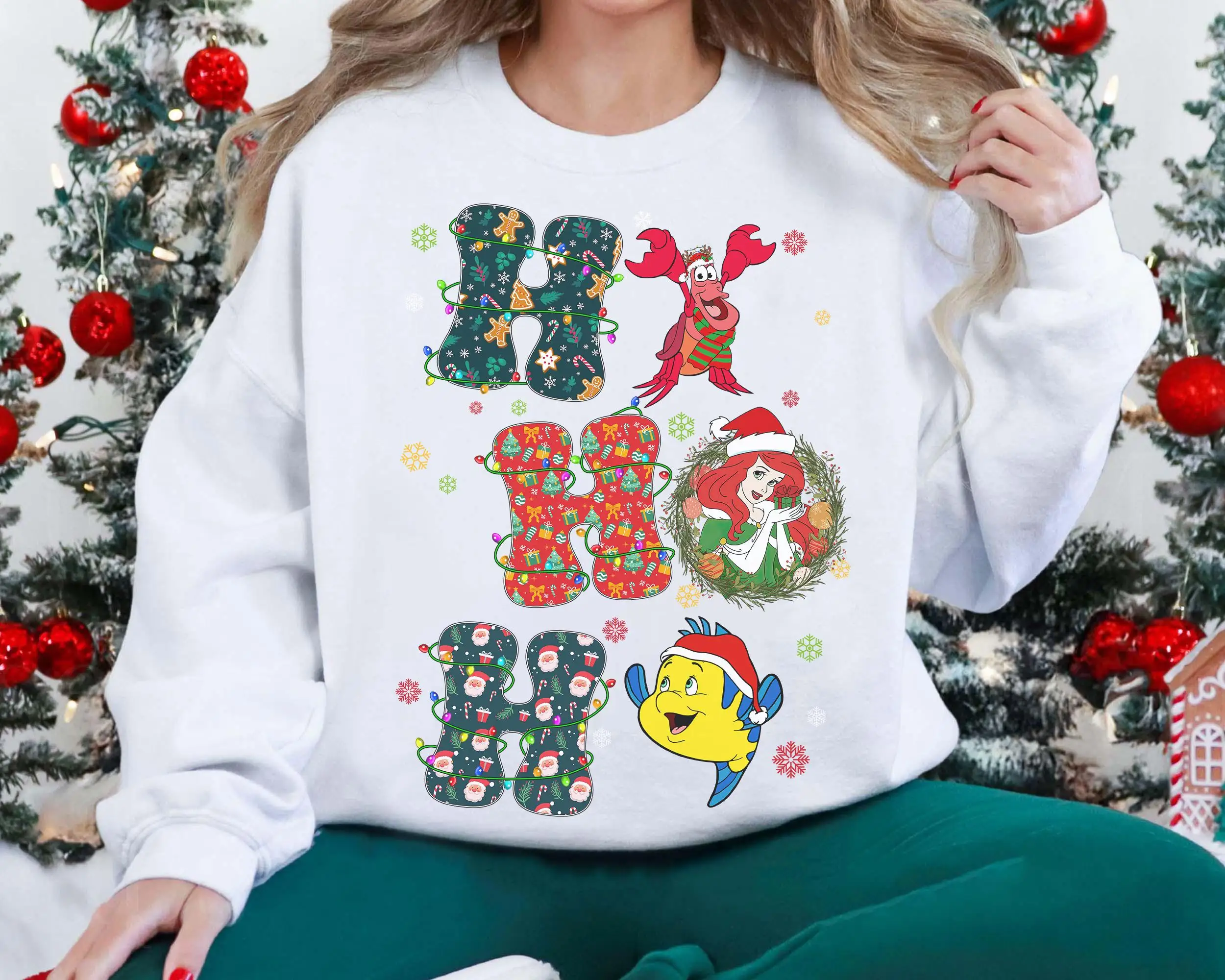 Disney Ho Ho Little Mermaid Christmas Light Women's Hoodie Autumn/Winter New Casual Fashion Men's and Women's Street Wear