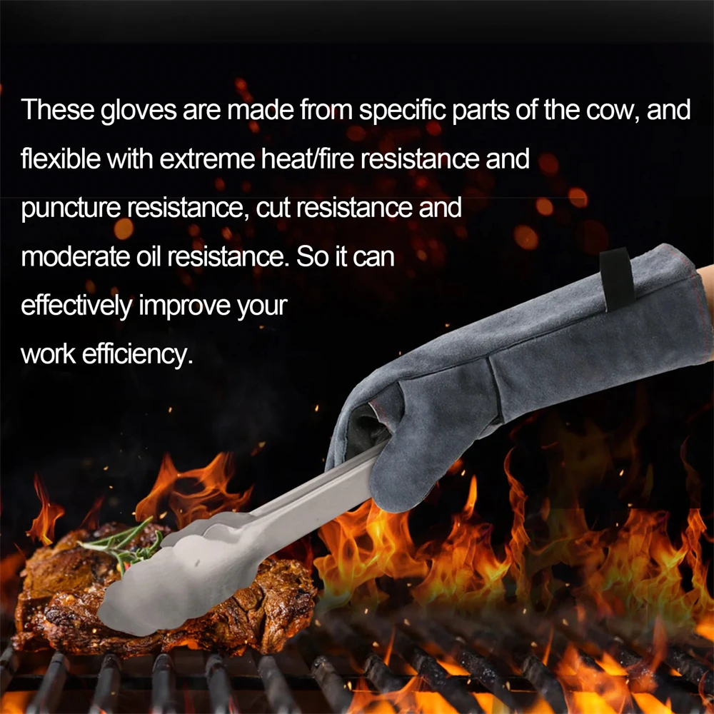 HITBOX 16inch Welding Gloves 1.3mm Thick Cowhide Leather Heat Resistant BBQ Welder Work Gloves For Kitchen Grill Heat Insulation 5