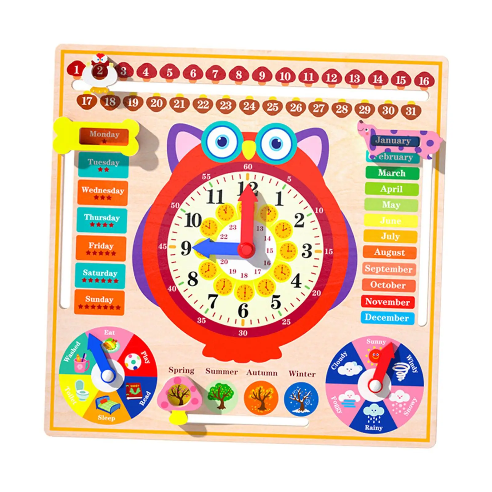 Montessori Wood Toy Weather Season Time Cognition Teaching Clock Calendar for Toddler Children Boys Girls Kids Holiday Gifts