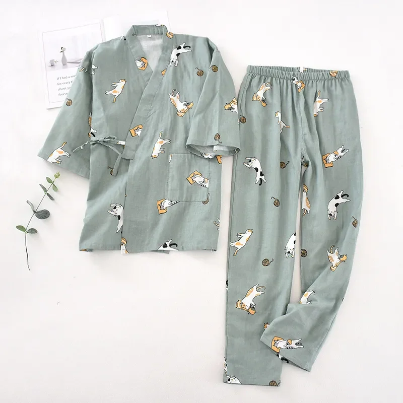 2024 new seven-sleeve Japanese-style kimono pajamas set female spring and autumn 100% cotton gauze home clothes cute sweet two-p couples japanese style pajamas women s autumn and winter 100% cotton gauze kimono pajamas two piece set sauna sauna clothes tra
