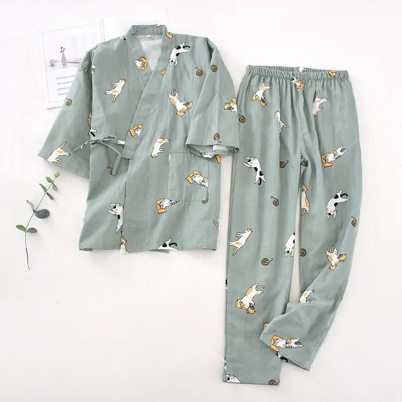 2024 new seven-sleeve Japanese-style kimono pajamas set female spring and autumn 100% cotton gauze home clothes cute sweet two-p spring and summer new women s double gauze home pajamas plus size three quarter sleeve sweat steam sauna bathrobe crepe kimono