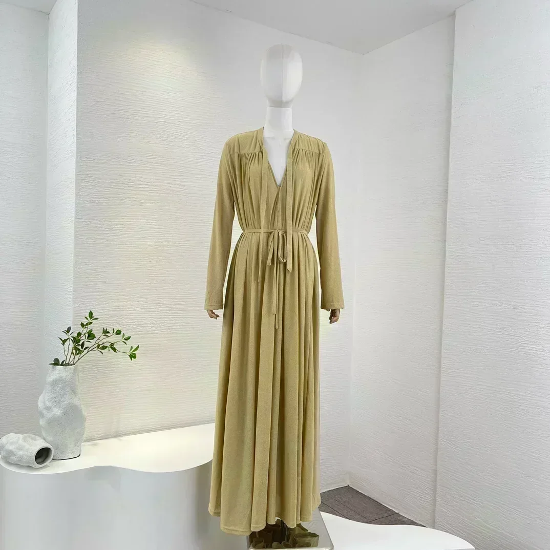 

Женское блестящее платье средней длины, повседневное однотонное блестящее платье цвета хаки со складками и длинными рукавами, 2023