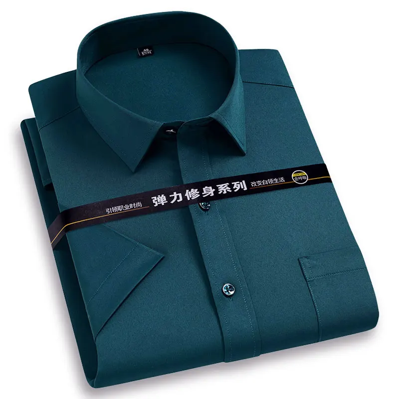 Dress Shirts Men Short Sleeve Solid Color Basic Business Social Stretchy Summer Formal