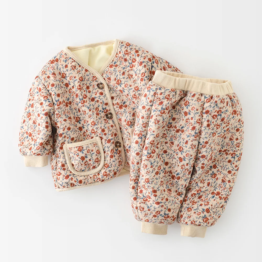 Autumn Winter Children Girls Clothes Set Cotton Thick Floral Border Jogger Pants Suit Long Sleeve Single Breasted Outfit