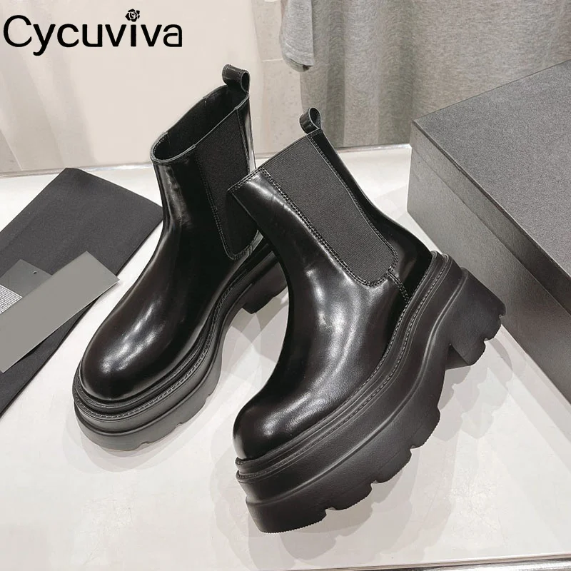 

Black Real Leather Elastic Chelsea Boots Thick Bottom Platform Ankle Boots For Women Brand Winter Shoes Women Botas Mujer