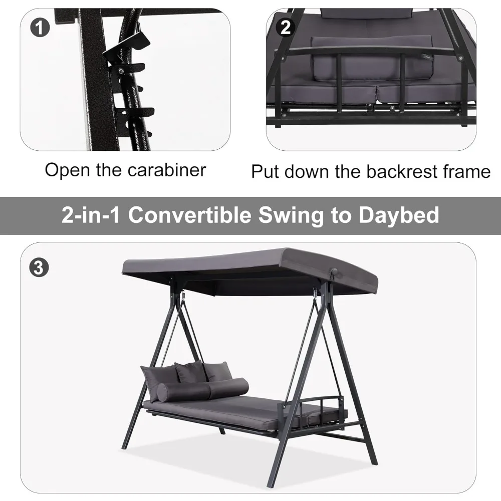 Outdoor Patio Porch Swing Adjustable Backrest, 3-seat Swing Chair with Weather Resistant Steel Frame for Backyard 6