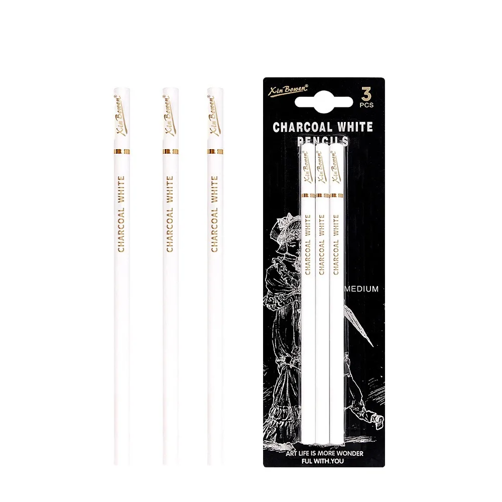 3Pcs Soft/Medium/Hard Charcoal Pencils Set Art Supplies Drawing Pencil Charcoal Pen Sketch Pencil Professional White/Black