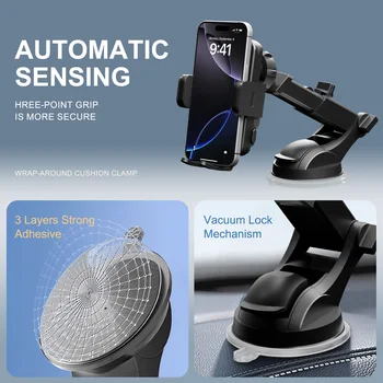 Wireless Car Charger Phone Holder 15W Fast Charge Station Mount Phone For IPhone 16 15 14 13 12 Pro Max 11 XR XS Samsung Galaxy 5