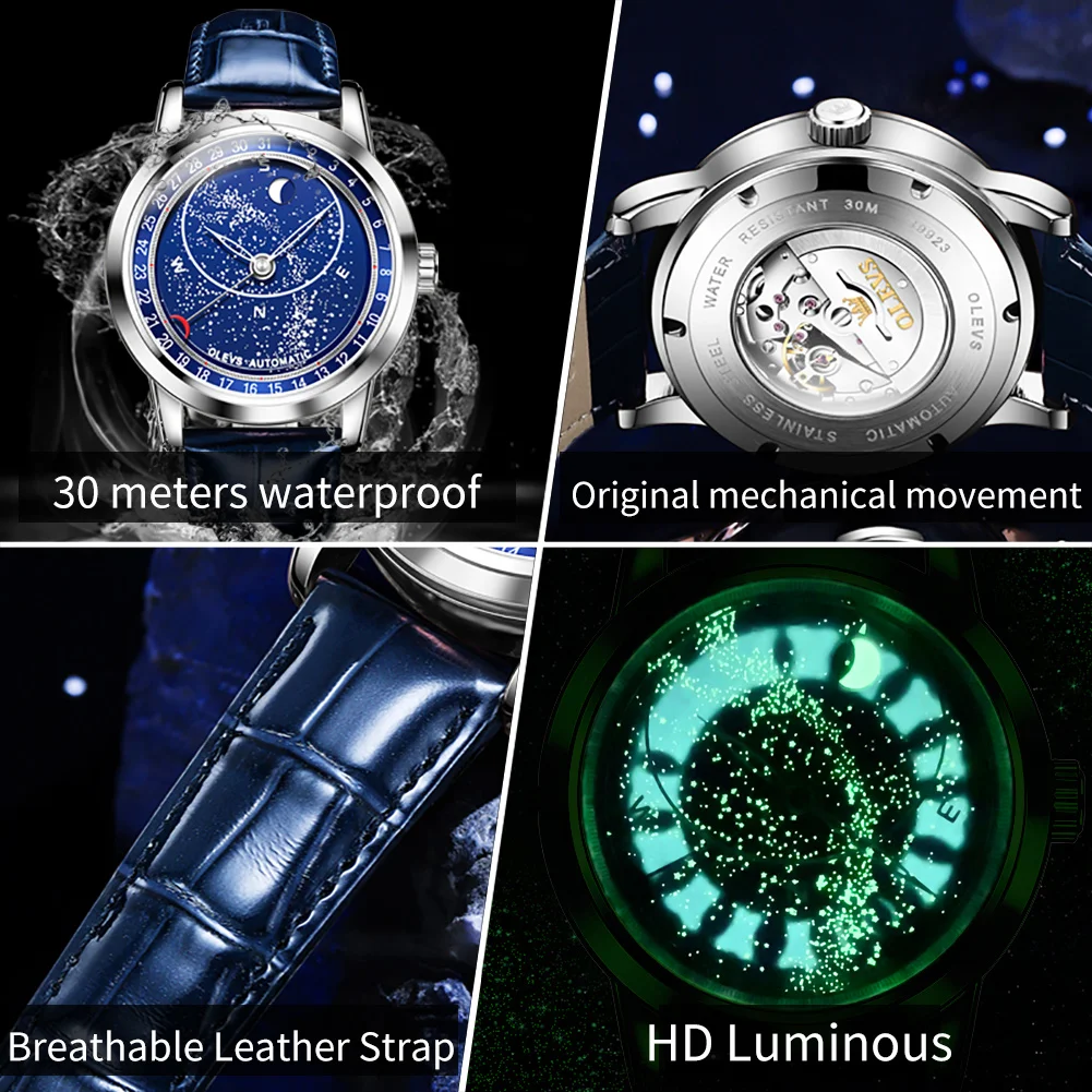 OLEVS 2024 New Men Automatic Watch Leather Strap Men Fashion Starry Sky Blue Mechanical Watch Luminous Waterproof Reloj Hombre