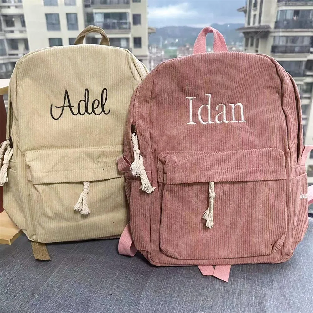 

Large Capacity Corduroy Schoolbag Custom Embroidered Any Name Boys Girls Backpack Personalized Unique Gift Bags for Teenagers