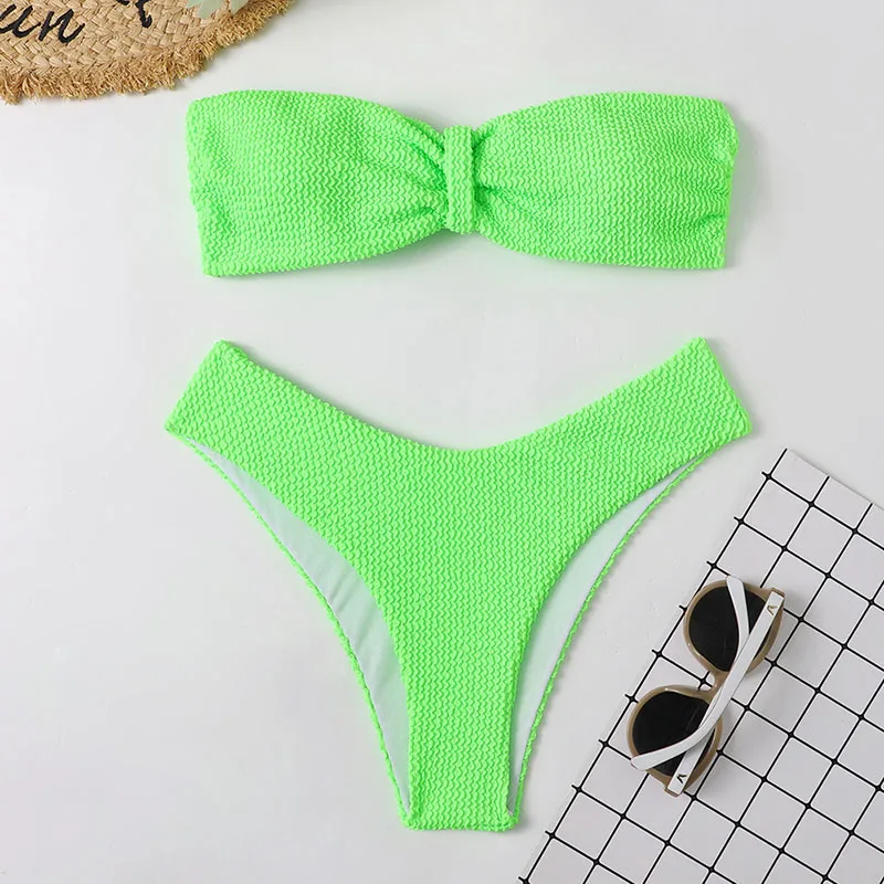 Swimsuits Women Candy Colors Sexy Swimwear Bather High Waist Push Up Bandeau Bikini Set Bathing Suits Beachwear Biquini Mujer strapless bikini set