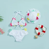 Infant Girls 3 Piece Swimsuits Flower Decor Tie-Up Halter Neck Tank Tops Ruffles Shorts Sun Hat Bikini Split Swimwear Set 0-24M 3