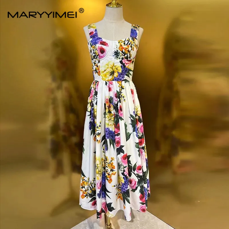 MARYYIMEI Spring Summer Fashion Vintage Women's dress Short Sleeved Red Porcelain Printing Holiday Long Dresses