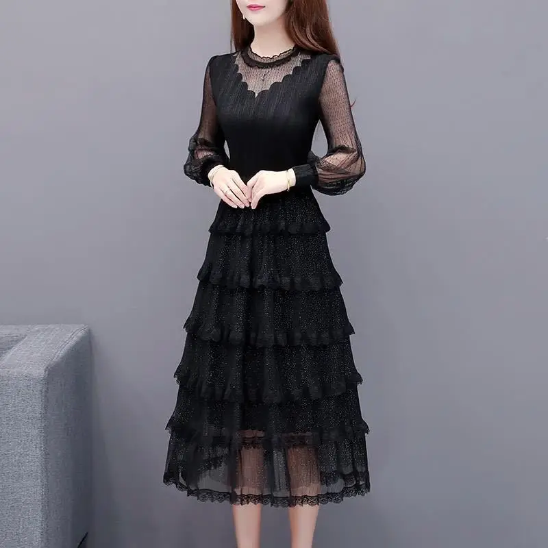 

Elegant Women Black Cake Dress Long Sleeve Temperament Spring Autumn Mesh Patchwork Ladies Lace Chic Fashion Long Dresses K96