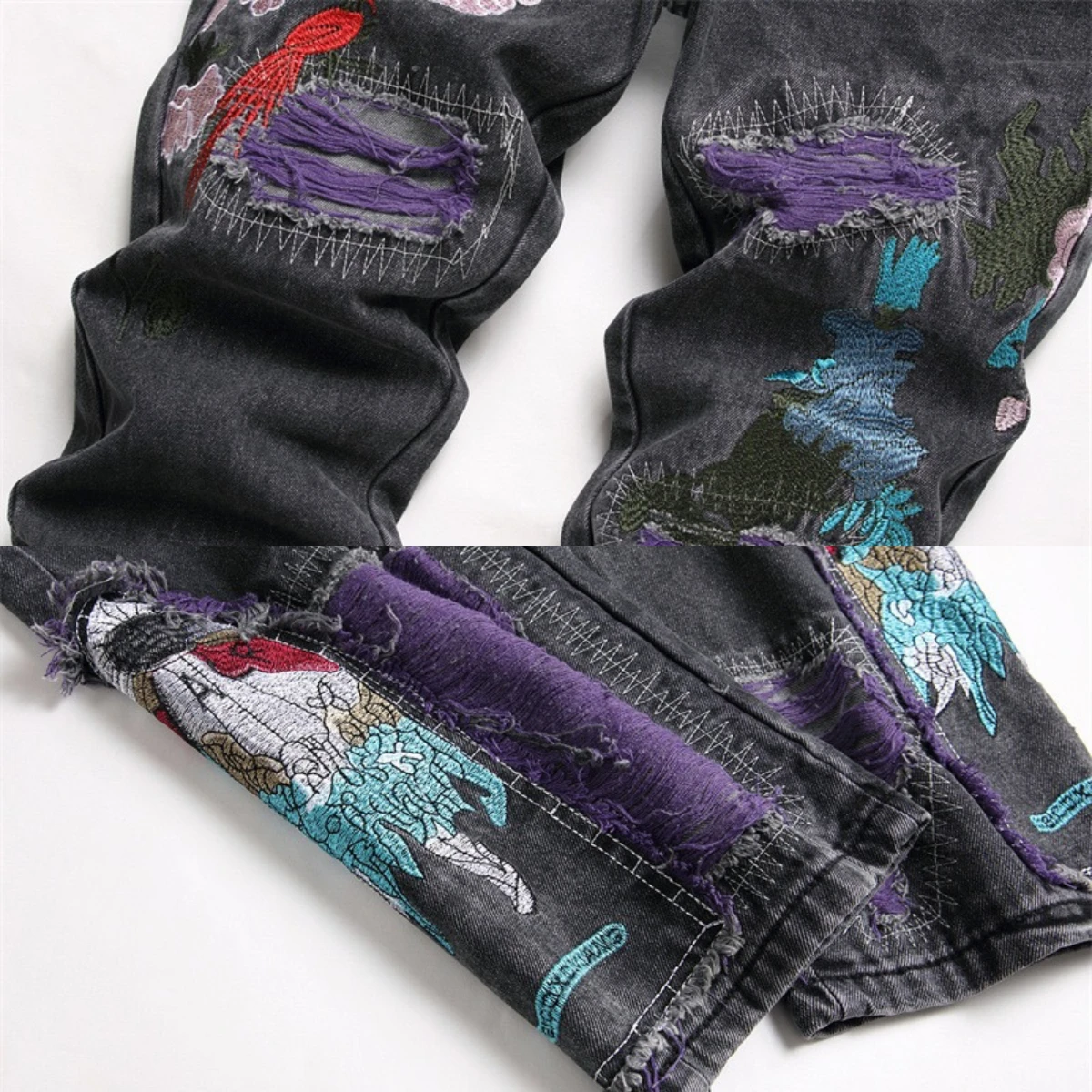 Warm Jeans Men's Skull Embroidery Large Pocket Graffiti Scratched High Elastic 3D English Zipper Slim Fit Pants Soft Cotton 2024