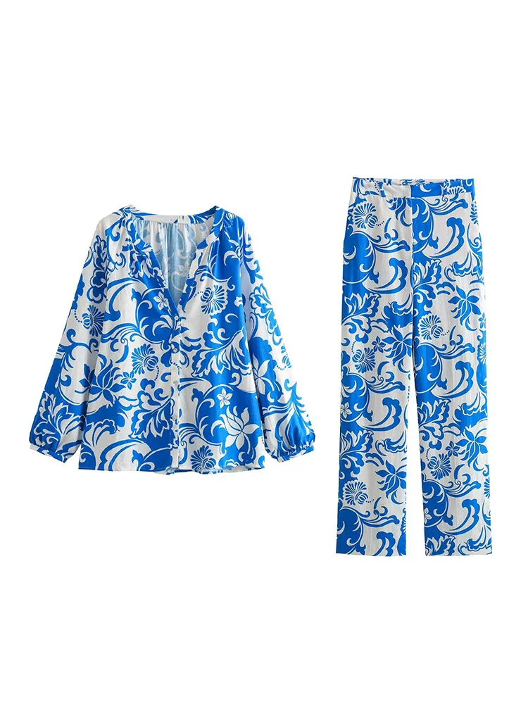 

Kumsavg 2023 Women Summer 2 pieces sets Tops Blouses Shirts and Straight Pants Fashion Print V-Neck Female Two Suits Clothes