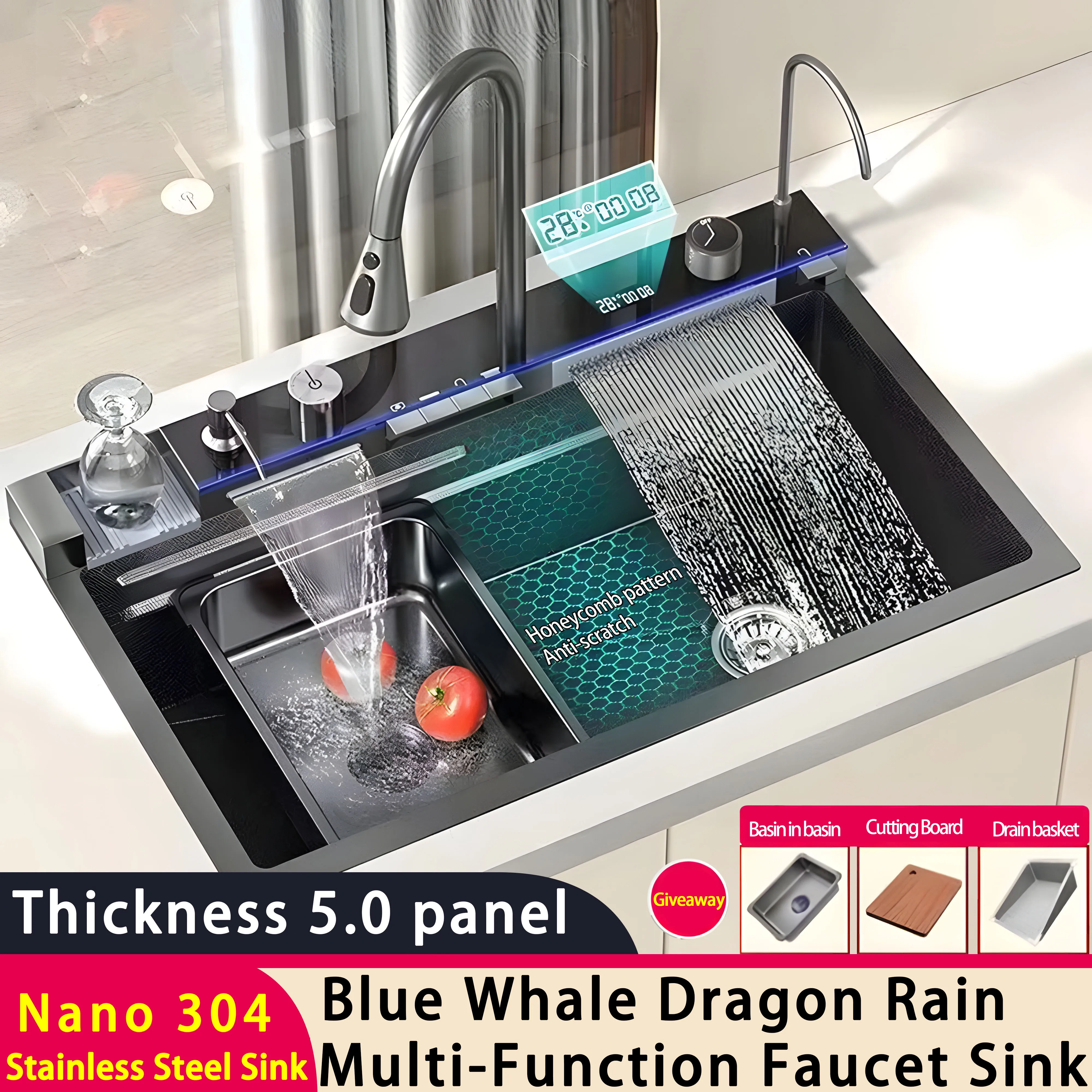 Black 6mm thick whale kitchen honeycomb sink 304 single slot digital display stainless steel nano household sink Soap Dispenser