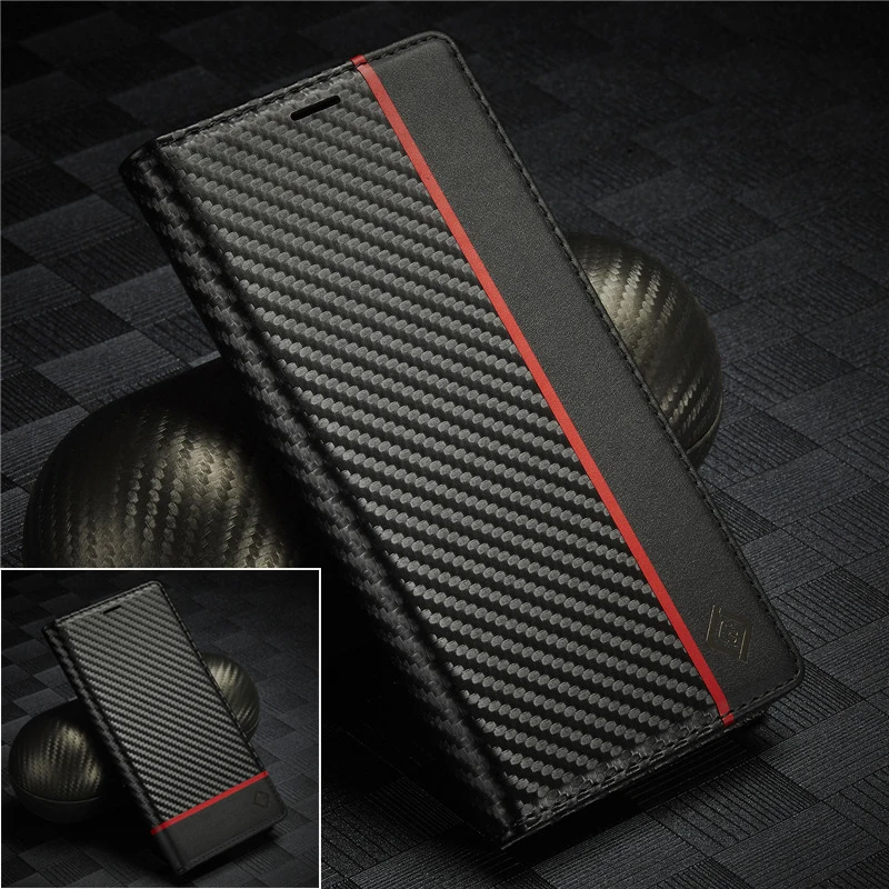 Stylish Carbon Fiber Magnetic Wallet Case with Leather Flip Cover