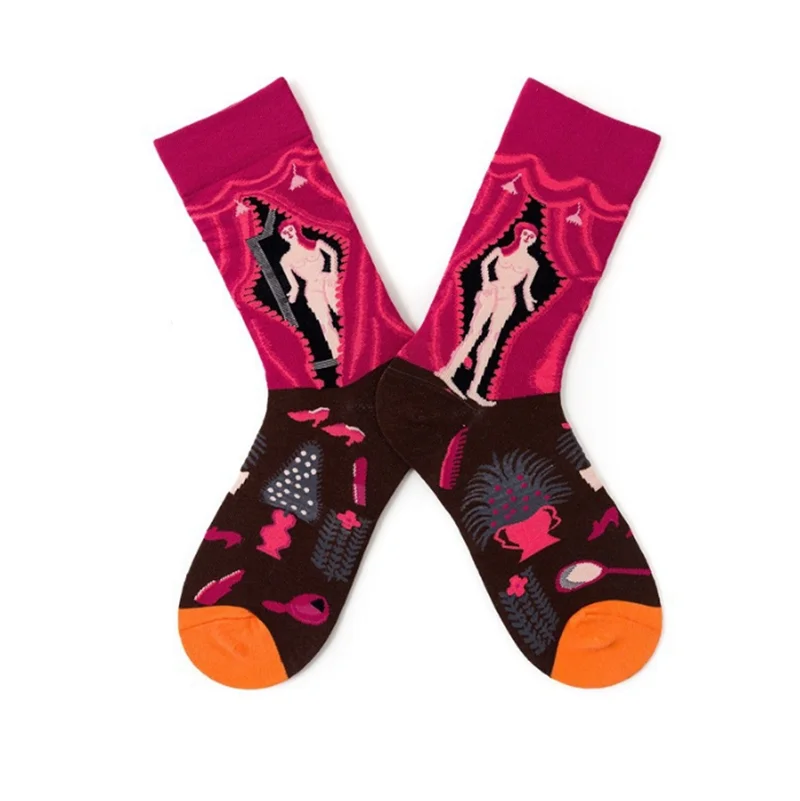 Yoga Literature Art Women's European American Jacquard Street Skateboard Retro Color Breathable Casual Mid-tube Cotton Socks