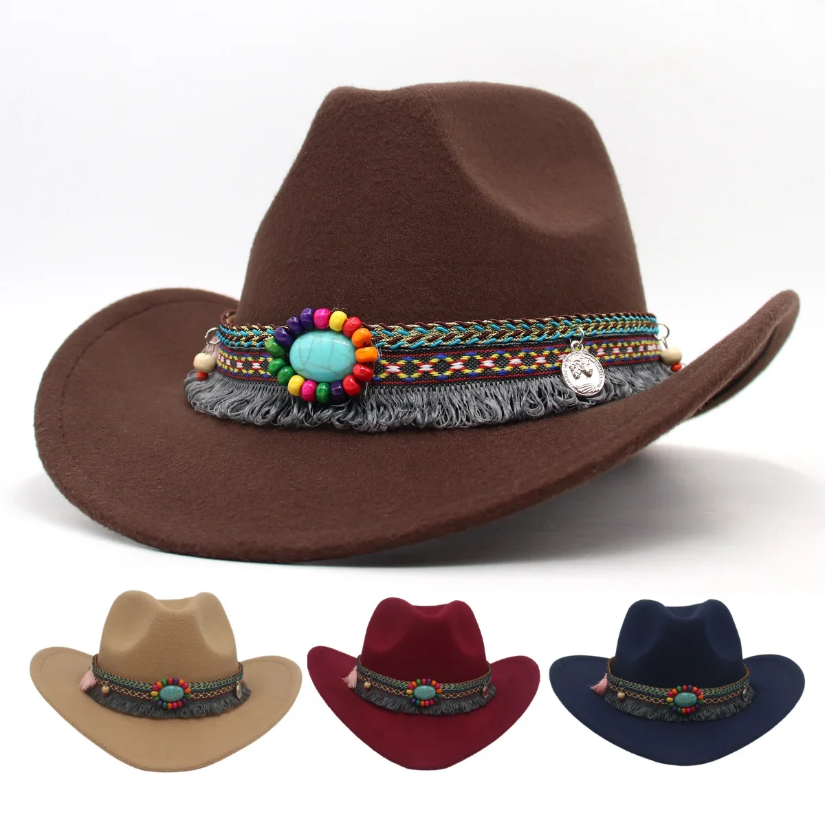 Ethnic Style Western Cowboy Hat Emerald Retro Men Felt Hats Curved