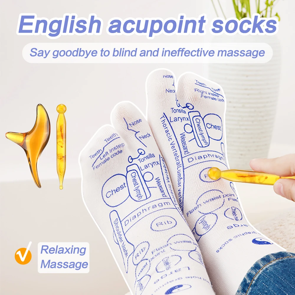 Description Picture 2 of item1Pair Foot Massage Acupressure Socks With Acupressure Point Charts Acupressure Reflexology Socks Massage Sticks Relieve Tired
